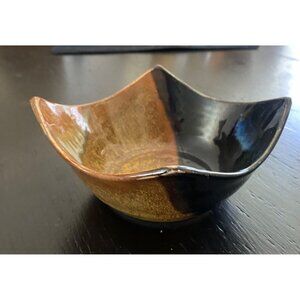 Vintage Studio Pottery Art Dish Bowl 2Tone Brown Black Drip Glaze Unique
